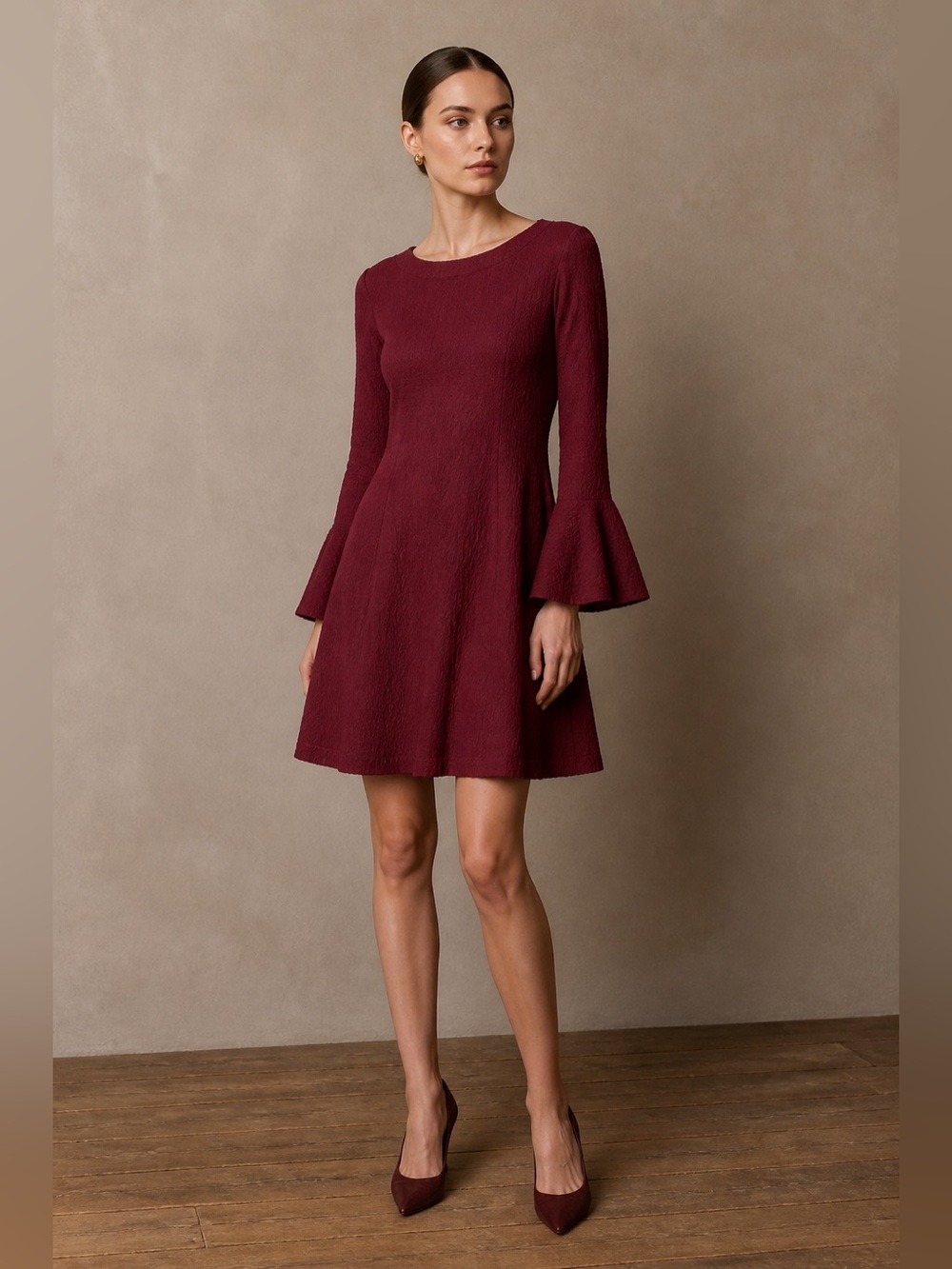 HomRain Burgundy Bell Sleeve A-Line Dress Crew Neck Fit & Flare Womens XL NWT